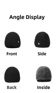 Front, side, and back views of a black knit beanie with a warm gray fleece lining