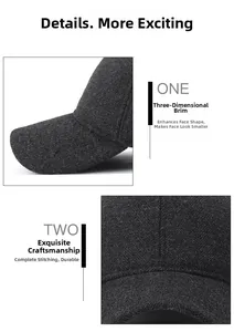 Detail of dark grey wool baseball cap showing curved brim and reinforced stitching