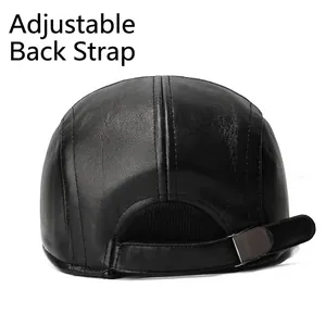 Adjustable back view of men's black PU leather winter ivy cap with warm lining