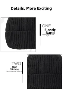 Detail showing elastic knit cuff and fine stitching of the black winter beanie hat