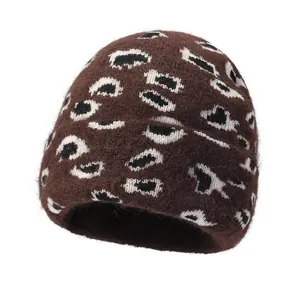 Winter leopard print cashmere beanie for women featuring a thick fleece-lined knit design