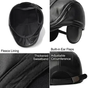 Winter faux leather flat cap with warm lining and hidden earflaps for outdoor use