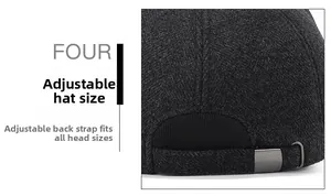 Detail view of the adjustable metal buckle on dark grey wool baseball cap for sizing