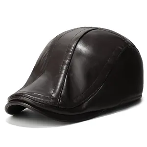 Men's vintage dark brown faux leather flat cap with warm fleece lining and ear protection