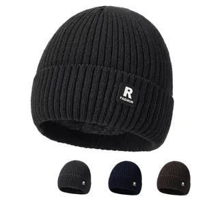 Winter Warm Knitted Beanie Hat For Men Women Polyester Fleece Lined Outdoor Windproof Fashion Letter Patch Cuff Skull Cap