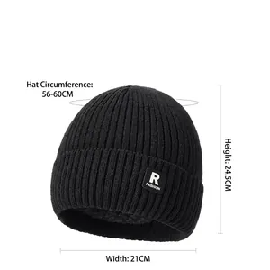 Winter black knit beanie with R FASHION patch, showing 24.5cm height and 21cm width