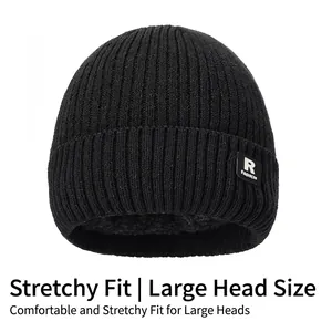 Winter black knit beanie with soft thermal fleece lining and R Fashion patch label