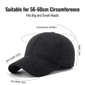 Winter wool baseball cap for men with ear protection and size chart measurements
