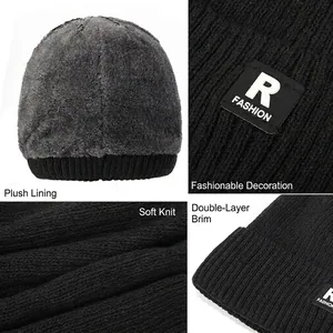 Winter fleece-lined knitted beanie with R patch showing soft knit and double-layered brim