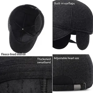 Winter wool baseball cap with ear flaps, fleece lining and adjustable metal buckle
