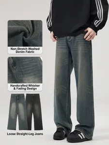 Jeans da Uomo Vintage Lavati Larghi a Gamba Dritta Blu Retrò Nero Streetwear Cotone Denim Casual Pantaloni Baggy