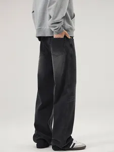 Jeans da uomo in denim grigio lavato retrò con taglio dritto ampio e tasche posteriori