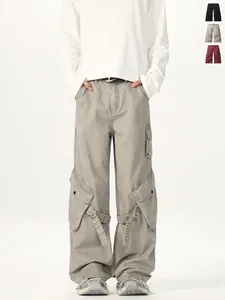 Men's American Retro Cargo Pants Multi-Pocket Loose Straight Leg Trousers With Adjustable Straps Cotton Casual Streetwear