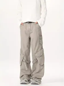 Retro grey multi-pocket cargo pants with ribbons and a wide-leg loose streetwear fit