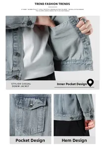 Detail view of washed blue denim jacket showing interior pockets and hem adjustment tabs