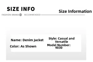 Size chart and technical specifications for the washed moon blue denim jacket, style 9030