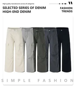 Detail view of multi-color vintage cargo denim pants with side pockets and drawstring