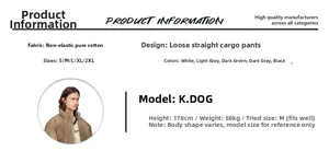Size chart for loose fit cotton cargo pants showing dimensions and fabric details