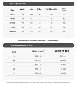 Detailed size chart for vintage cargo pants showing waist, hip, and length measurements