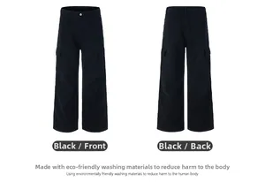 Front and back views of vintage black cargo pants with multiple pockets and straight leg cut