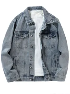 Washed light blue denim jacket for men featuring a classic button-up design and chest pockets