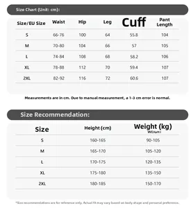 Guide des tailles pour jeans camouflage avec mesures de taille et hanches du S au 2XL