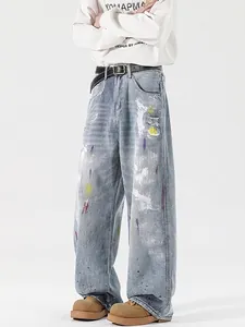 Men's American Vintage Street Graffiti Denim Jeans Washed Cotton Paint Splatter Wide Leg Distressed Straight Floor Pants