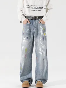 Men's retro loose straight light blue jeans with colorful artistic paint splatters