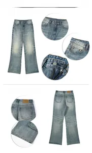 Detail of vintage blue micro-flare jeans showing metal button, zipper and leather patch