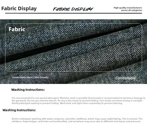Détail macro du tissu denim sergé bleu foncé avec instructions d'entretien de lavage