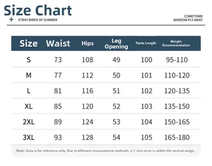 Size chart for vintage washed patchwork jeans with waist and hip measurements