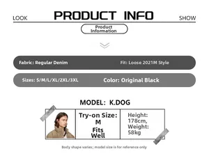 Sizing and fit guide for black wide-leg fleece denim pants with model measurements