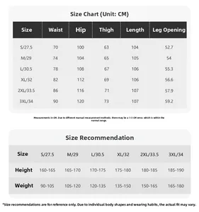 Detailed size chart and height/weight guide for men's fleece-lined denim pants