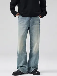 Vintage Washed Denim Jeans Men Micro Flare High Street Style Whiskered Distressed Cotton Straight Leg Pants Blue