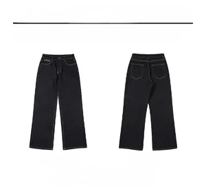 Flat lay of clean-fit black straight-leg jeans showing front and back denim details