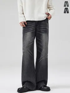 Jeans à Jambes Larges Lavés Vintage pour Hommes Avec Moustaches Coupe Large Pantalon en Denim Droit Streetwear Décontracté en Coton Pantalon Long