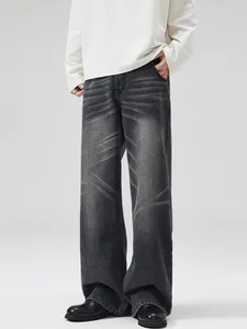 Jean ample pour homme gris anthracite avec effet délavé vintage et moustaches de chat