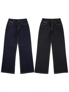 Relaxed fit dark blue and charcoal gray straight leg denim jeans with contrast stitching