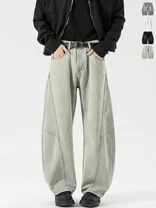 Men American Vintage Washed Distressed Spliced Denim Jeans Loose Broad Leg Straight Pants Streetwear Casual Cotton Blend Bottoms