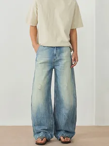 Jeans Homme Heavyweight Délavage Effet Usé Jambe Large Rétro Streetwear Baggy Pantalon Denim Déchiré Bleu Clair Ample