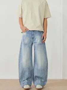 Jeans Rétro Homme Délavé Jambe Large Bleu Clair Coupe Ample Droite Denim Pantalons Streetwear Décontracté Jeans Denim Pour Hommes