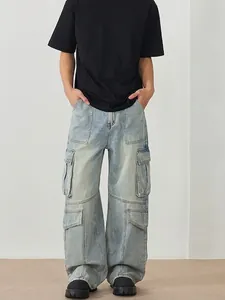 Men High Street Cargo Jeans Multi-pocket Patchwork Straight Leg Washed Denim Trousers Casual Streetwear Fashion Pants