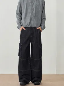 Pantalon Jeans Cargo pour Hommes Rétro Américain Coupe Droite Large Lavé Multi-poches Décontracté pour Jeunes Bleu Denim Pantalon de Travail Long