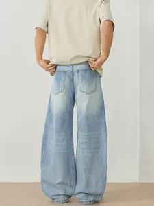 Jean large délavé rétro pour homme avec coupe incurvée et taille haute style décontracté