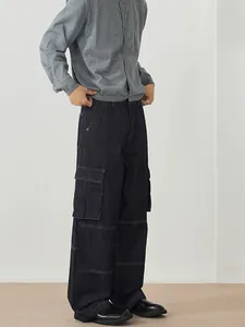 Pantalon cargo en jean pour homme, coupe droite décontractée, bleu foncé vintage