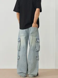 Men's light blue multi-pocket cargo denim jeans with wide-leg cut and street style