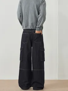 Pantalon cargo rétro en denim bleu foncé à coupe large et grandes poches latérales mixtes