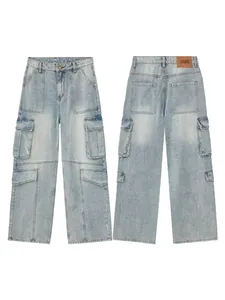 Men's light blue cargo jeans with multi-pocket design and straight leg fit on white background