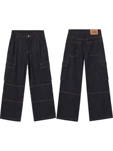 Pantalon cargo en denim vintage à coupe droite et large avec plusieurs poches
