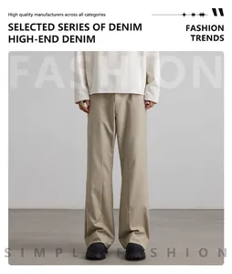 Close-up of khaki flared trousers with premium fabric texture and clean minimalist tailoring